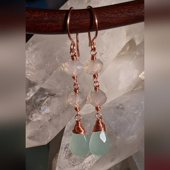 Artisan Chalcedony Earrings Copper Wire Wrapped Gemstone Jewelry - Picture 14 of 16